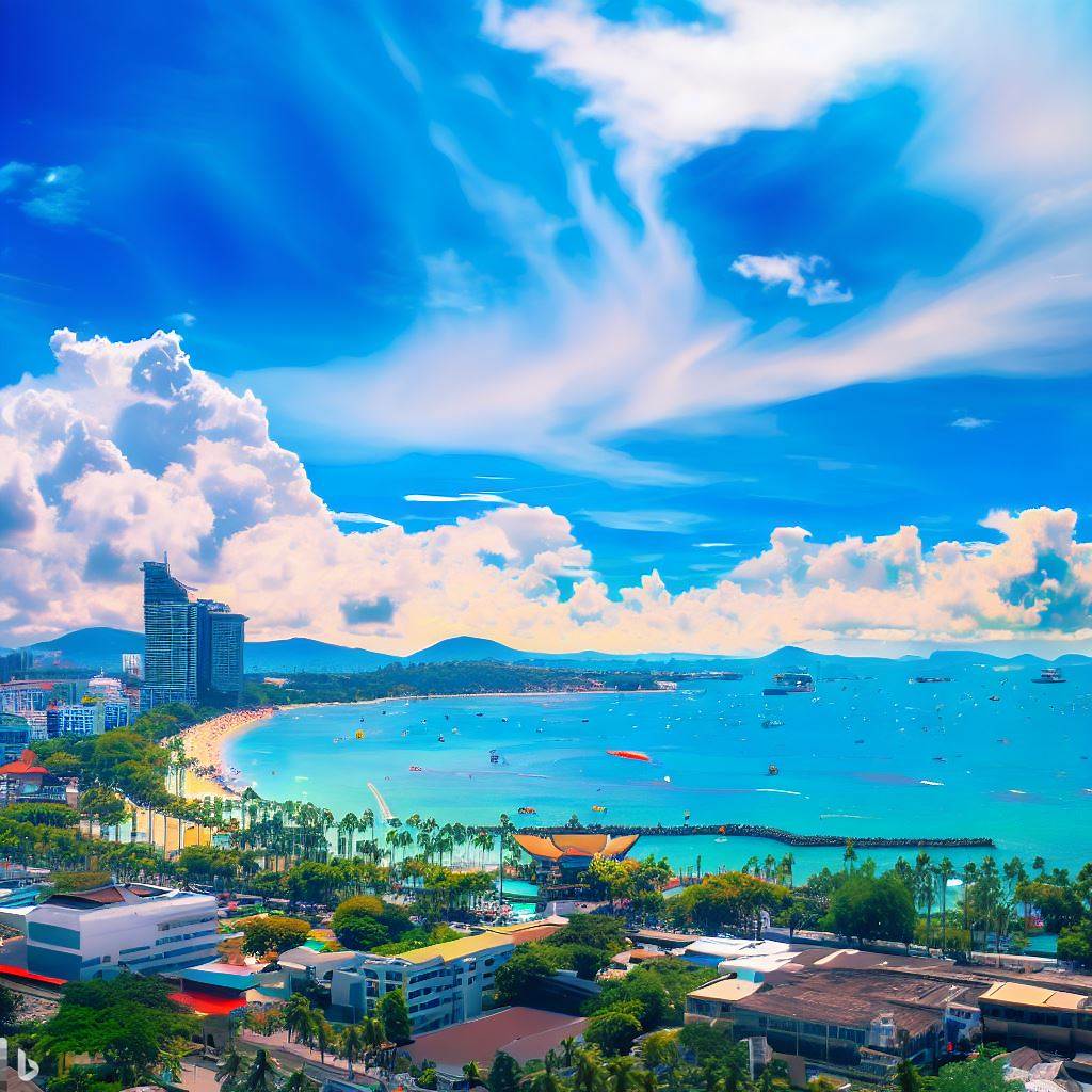 AI generated vibrant image of Pattaya's June weather, featuring average temperature, rainfall, and climate conditions. VTSIX, View Talay 6.