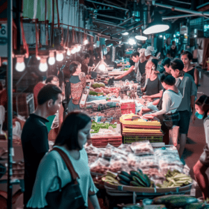 Изображение ночного рынка и местного рынка в Таиланде, созданное искусственным интеллектом