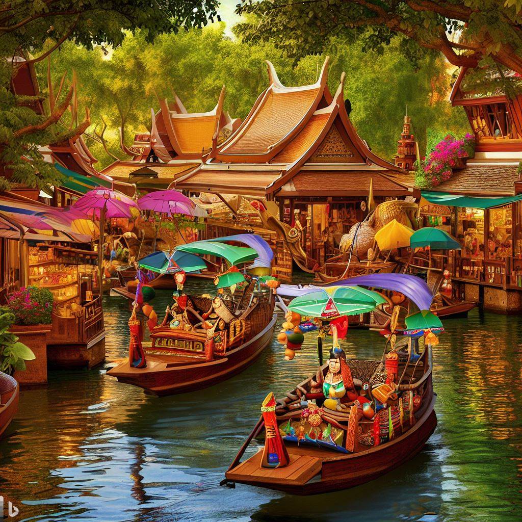AI generated vibrant Pattaya Floating Market image showcasing unique architecture, colorful boats, and lively atmosphere.