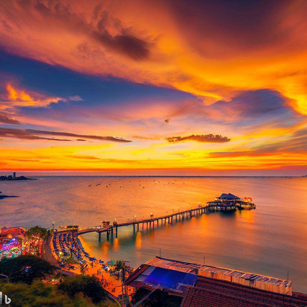 Sunset view in Pattaya, Thailand - Wong Amat Beach and Pratumnak Hill viewpoints offer the best places to watch the sunset over the city's coastal landscape. A tranquil scene with palm trees, boats, and glistening waters.