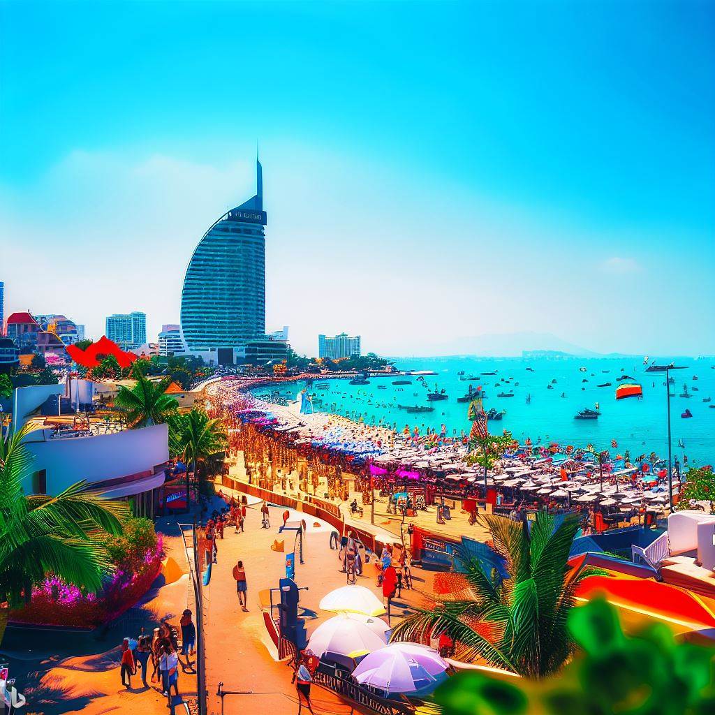 AI-generated image showcasing the beautiful weather in Pattaya during April. Vibrant colors, clear blue skies, people enjoying outdoor activities under the warm sun. Average temperature, rainfall, and humidity levels creatively displayed. Inspire others to plan their trips, VTSIX, View Talay 6.
