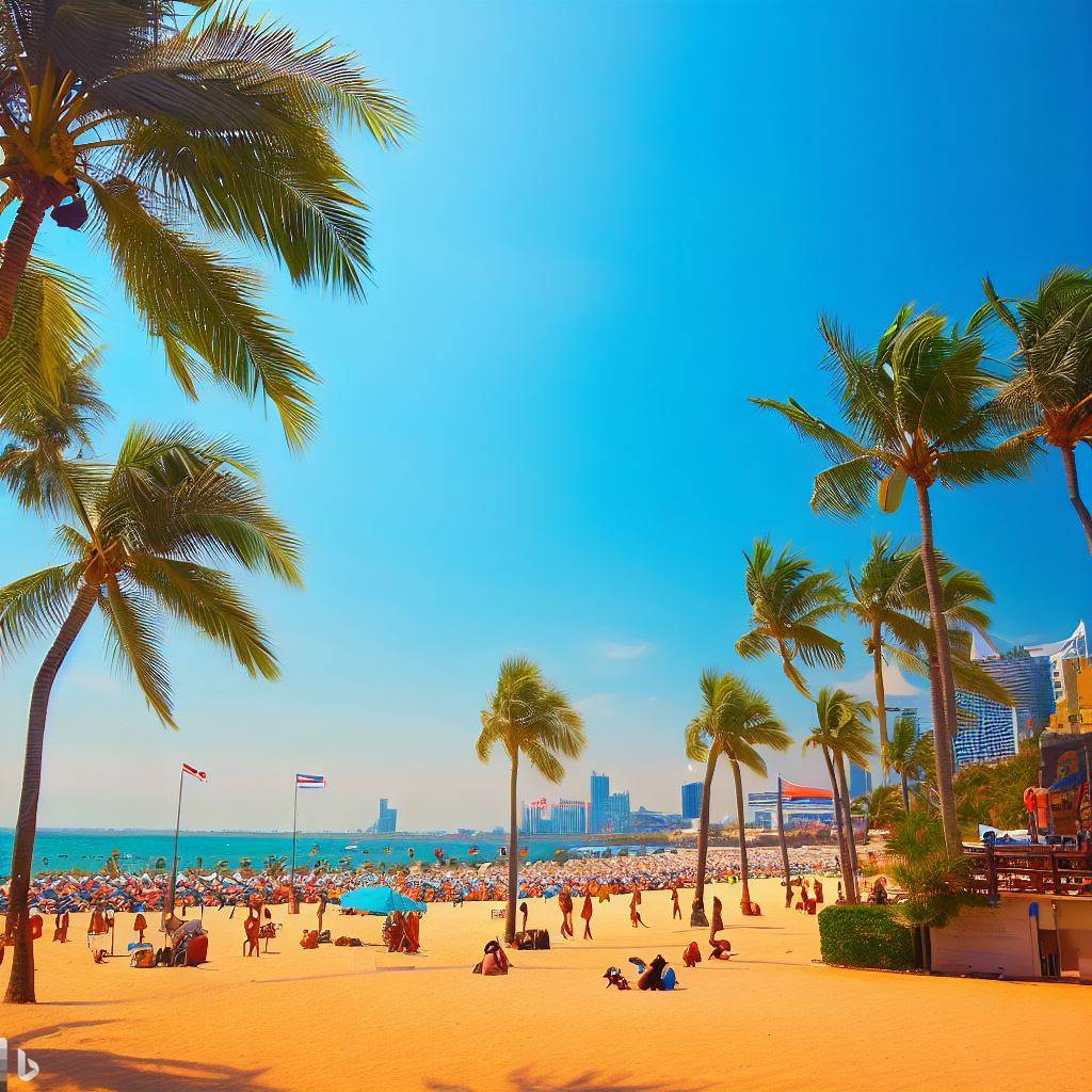 AI generated image depicting beautiful weather in Pattaya during March. Clear blue skies, warm temperatures, palm trees, people enjoying beach activities. VTSIX and View Talay 6.