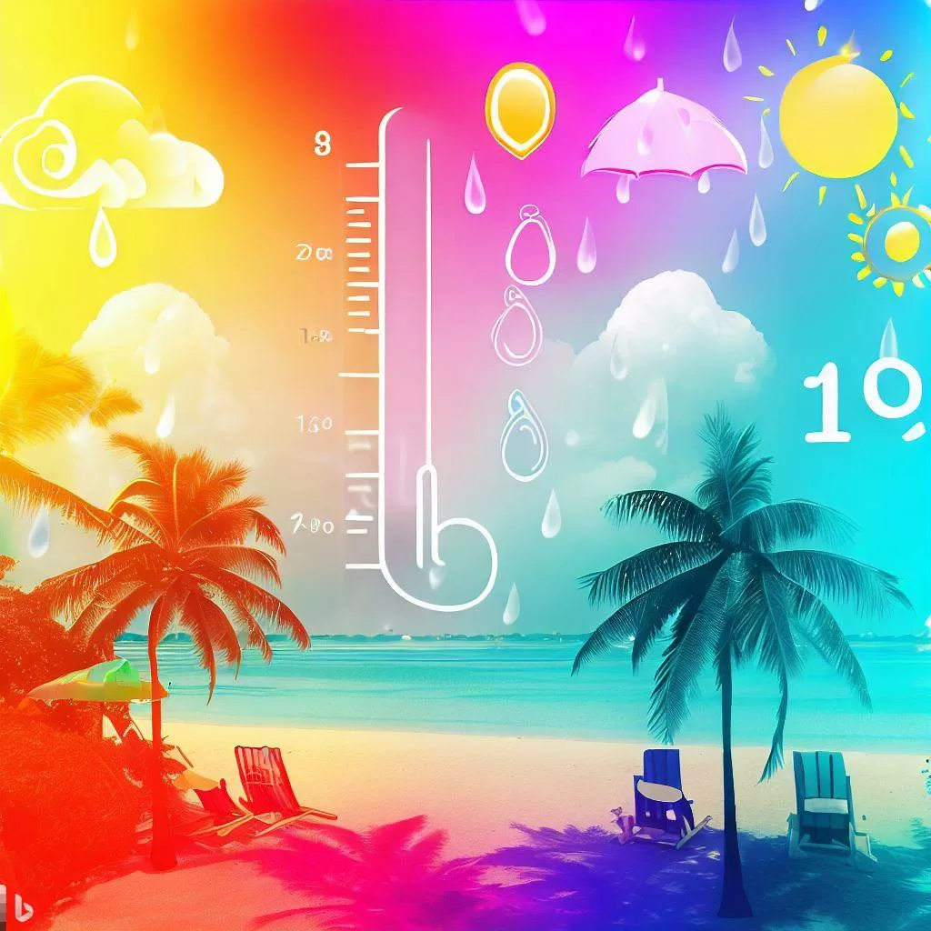 AI generated image showcasing Pattaya weather in October with sunny beach, temperature gauge, raindrops, humidity meter. Keywords: VTSIX, View Talay 6.