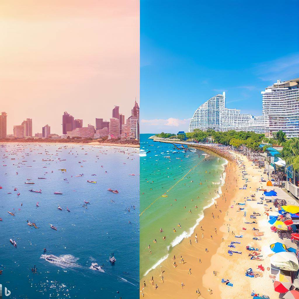 Pattaya Beach vs. Jomtien Beach - Contrasting scenes of vibrant activity and serene relaxation.