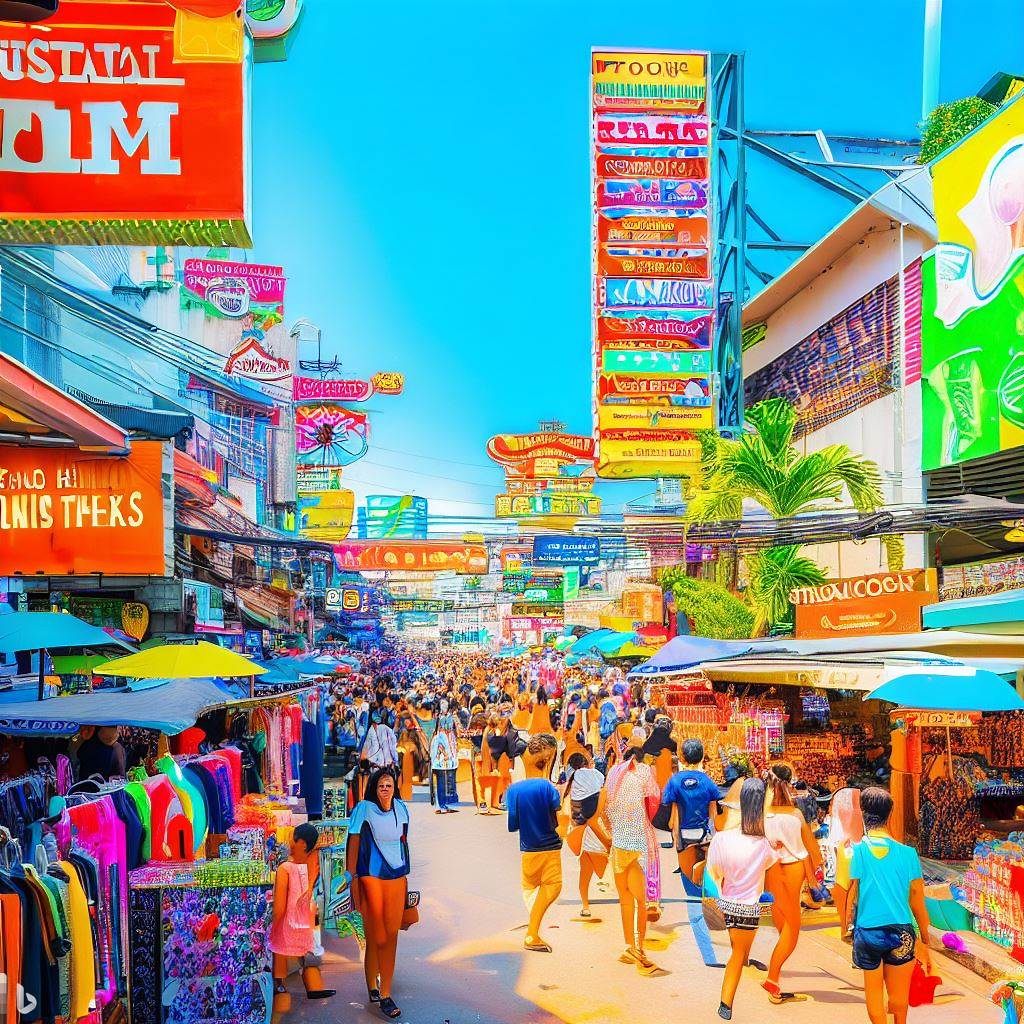 Bustling Street In Pattaya, Thailand Colorful Signs, Market Stalls, And Lively Atmosphere