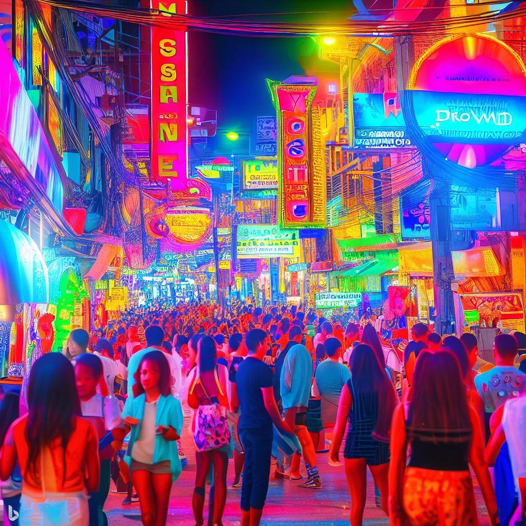 Bustling Street In Pattaya, Thailand Vibrant Nightlife, Neon Lights, And Diverse Crowds