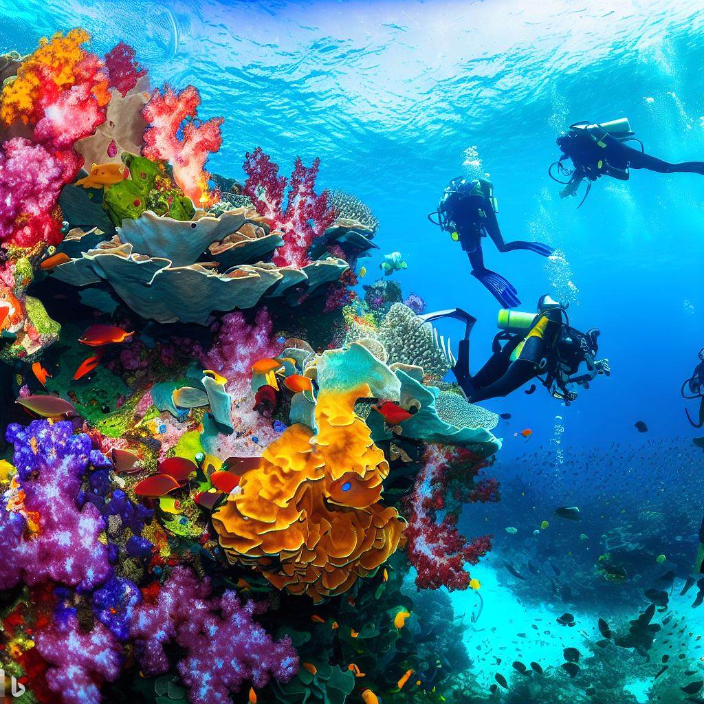 Scuba Divers Exploring Vibrant Coral Reefs In Crystal-clear Waters At Pattaya