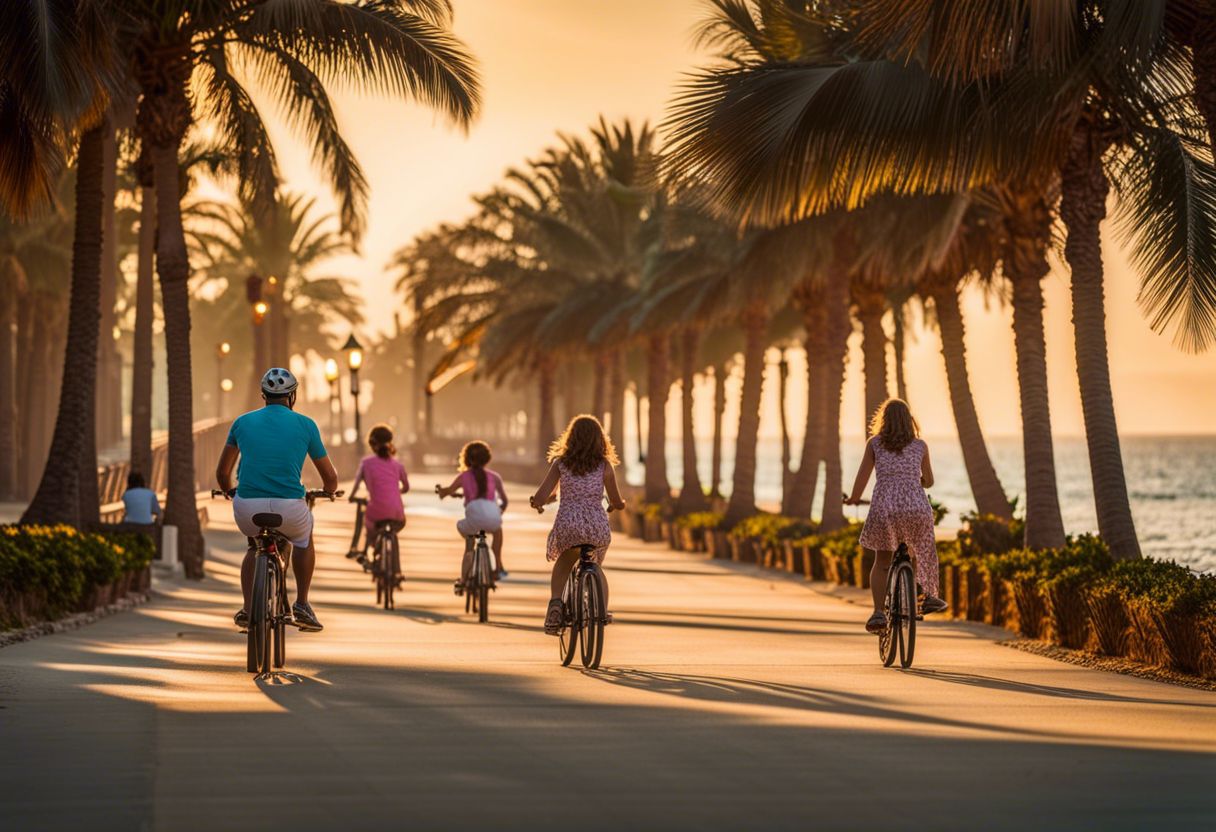 Una famiglia in bicicletta lungo una spiaggia alberata da palme.