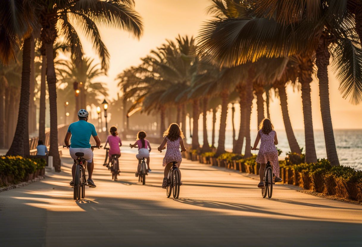 Семья катается на велосипедах вдоль набережной, усаженной пальмами.
