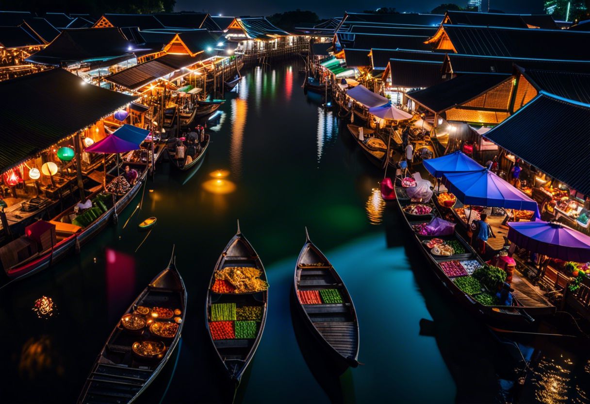 Uma vista noturna colorida do Mercado Flutuante de Pattaya sem presença humana.