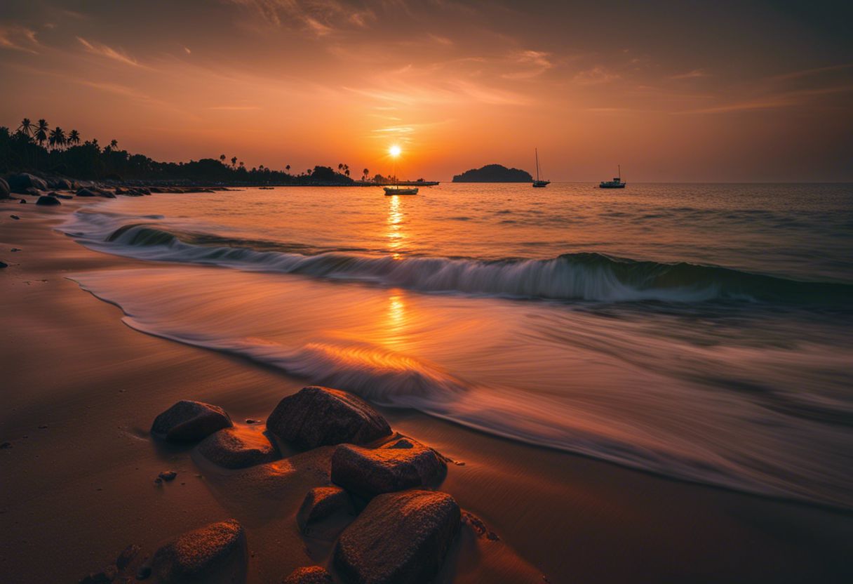 Vista romantica al tramonto di una spiaggia appartata a Pattaya, in Thailandia.